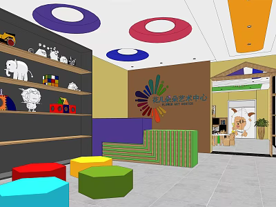 School Activity Center With Colorful Stools Bookshelves And Wall Decorations 3d model