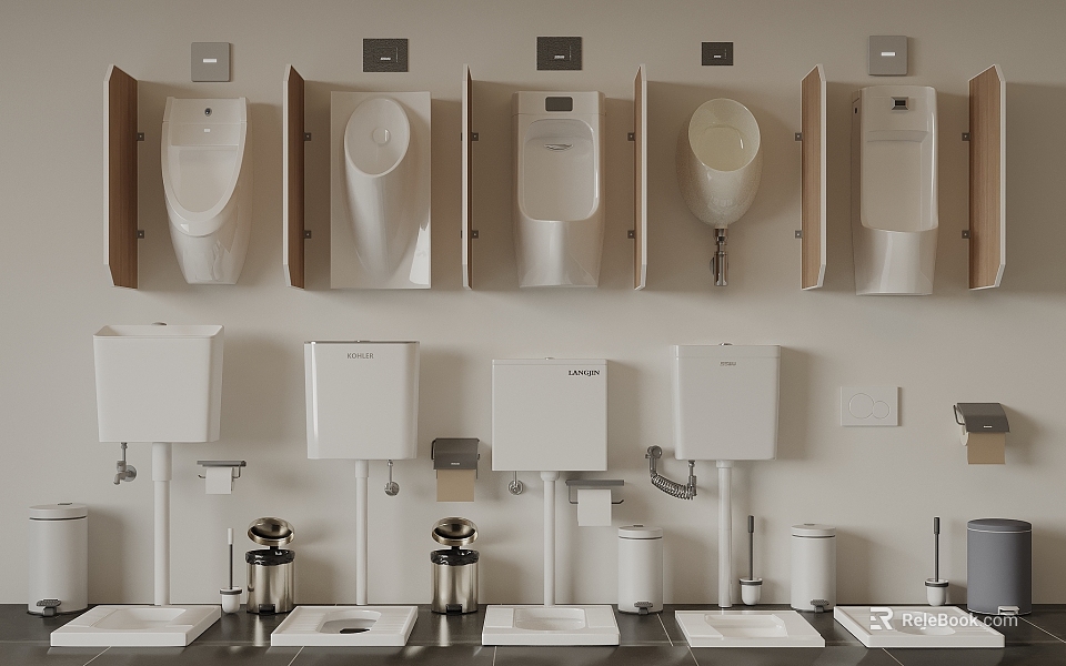 Various Designs Of Wall Mounted Urinals With Toilet Tanks In Public Bathroom 3d model 