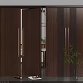 Modern Wooden Room Divider Interior Design With Sliding Doors Metal Handles And Green Plants