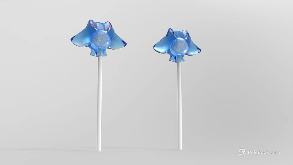 Two Blue Manta Ray Shaped Shiny Lollipops On White Sticks 3d model 