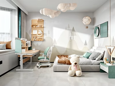 Sunny Kids Room Interior Design With Cloud Pendant Lights Desk Bed And Bookshelf 3d model