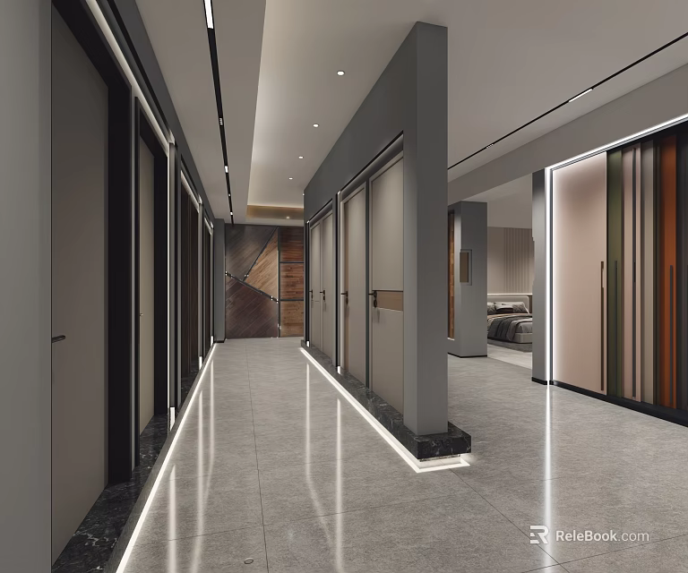 Modern Spacious Corridor With Bright Lighting Marble Floor And Wooden Decor Gray Tone Interior Design 3d model 