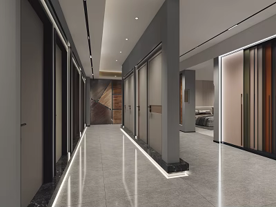 Modern Spacious Corridor With Bright Lighting Marble Floor And Wooden Decor Gray Tone Interior Design 3d model