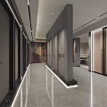 Modern Spacious Corridor With Bright Lighting Marble Floor And Wooden Decor Gray Tone Interior Design