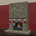 Stone Fireplace With Red Walls Christmas Stockings Fire And Wooden Floor
