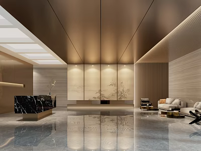 Modern Hotel Lobby With Black Marble Reception Light Wood Walls And Polished Marble Floor 3d model