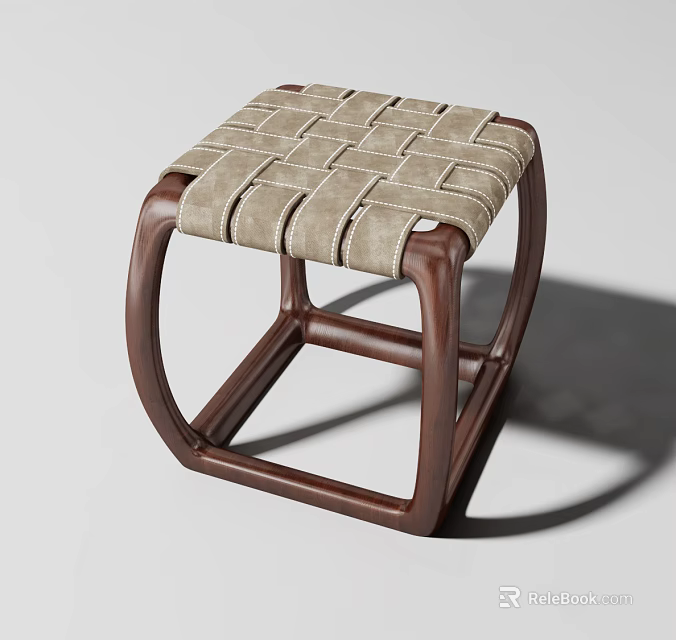 Modern Wooden Stool With Dark Brown Frame And Woven Fabric Seat Design 3d model 