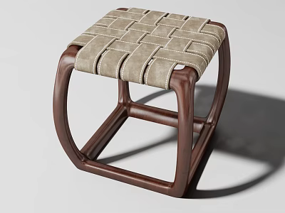 Modern Wooden Stool With Dark Brown Frame And Woven Fabric Seat Design 3d model