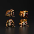 Aquatic Frog 3D Models In Different Poses With Sticking Tongues Brown Yellow On Black Background