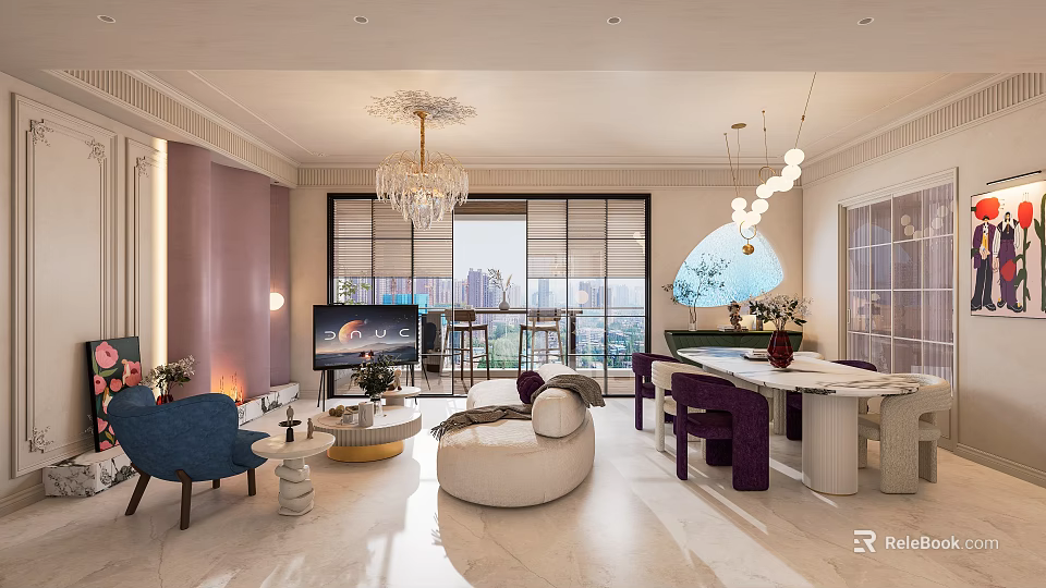 Modern Living Dining Room Interior Design With Sofa Dining Table Chandelier And Decorative Plants 3d model 