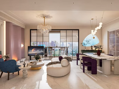 Modern Living Dining Room Interior Design With Sofa Dining Table Chandelier And Decorative Plants 3d model