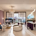 Modern Living Dining Room Interior Design With Sofa Dining Table Chandelier And Decorative Plants