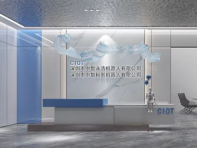 Modern Minimalist Office Reception Area With Blue White Desk And CIOT Logo 3d model