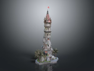 Ornate Multi Layered Tower Building With Red Flag And Palm Trees At Base 3d model
