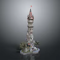 Ornate Multi Layered Tower Building With Red Flag And Palm Trees At Base