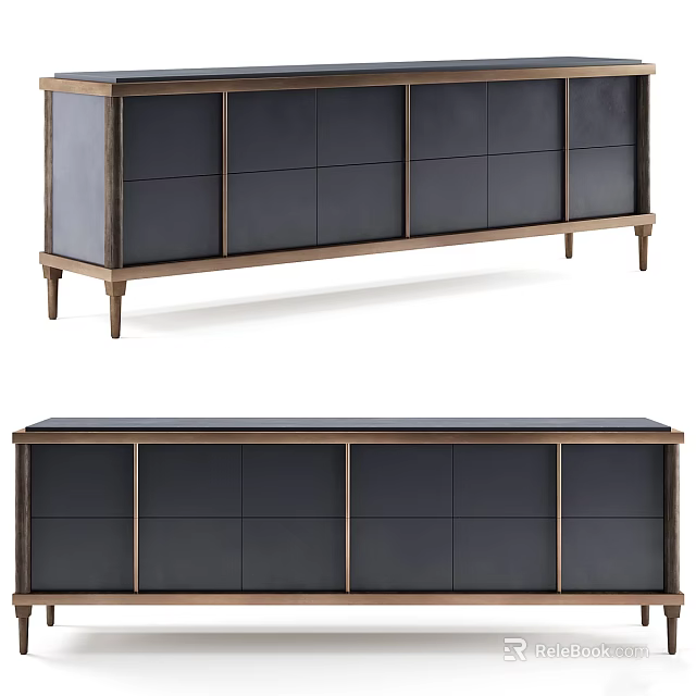 Modern Elegant TV Stand With Dark Finish And Brass Trim Storage Cabinets 3d model 