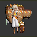 White Haired Girl With Small Red Fox Carrying Large Orange Patterned Basket And Yellow Fruits