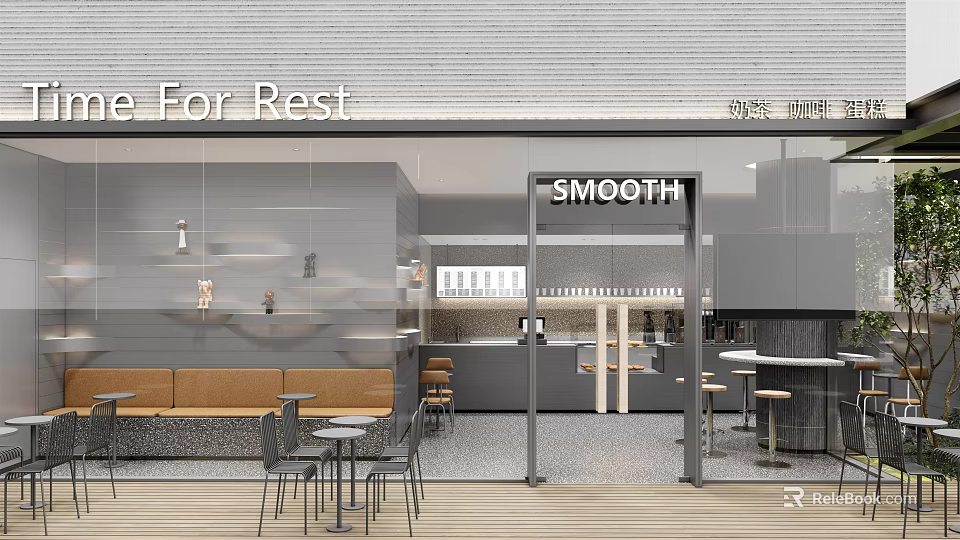 Modern Milk Tea Shop Interior Design With Smooth Sign And Cozy Rest Seating 3d model 