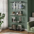 Living Room With Green Wall Glass Shelf Sculptures Books Green Sofa Plant And White Curtains