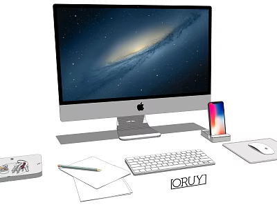 Apple iMac Desktop Computer with Keyboard Mouse Smartphone Pencil and Papers 3d model