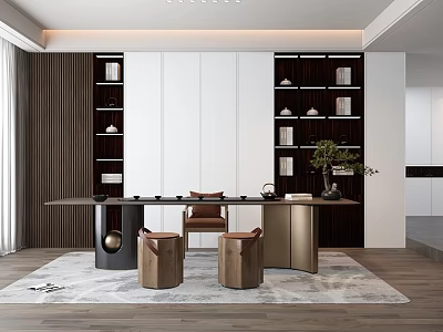 Modern Tea Room Interior Design With Wooden Table Chairs And Bookshelves 3d model