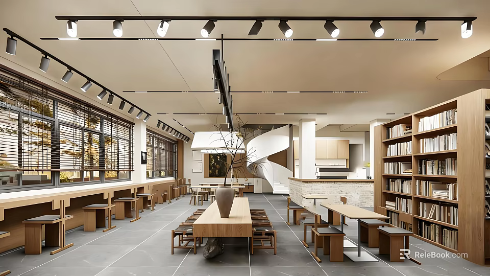Modern Spacious Bookstore Interior With Wooden Bookshelves Tables Chairs Ceiling Lights And Large Windows 3d model 