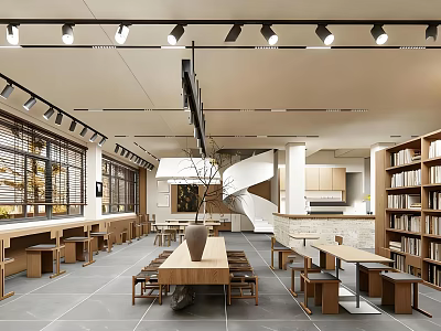 Modern Spacious Bookstore Interior With Wooden Bookshelves Tables Chairs Ceiling Lights And Large Windows 3d model