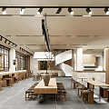 Modern Spacious Bookstore Interior With Wooden Bookshelves Tables Chairs Ceiling Lights And Large Windows