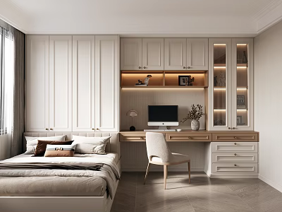 Modern Tatami Bedroom Interior With White Storage Cabinets Desk And Computer Chair 3d model