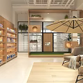 Mall Shop Interior Featuring Wooden Frame Ceiling Hanging Plants Dining Table And Display Cabinets