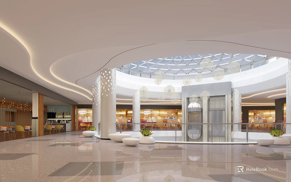 Modern Shopping Mall Atrium With Circular Skylight White Columns Pendant Lights And Marble Floor 3d model 