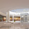 Modern Shopping Mall Atrium With Circular Skylight White Columns Pendant Lights And Marble Floor