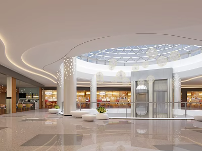 Modern Shopping Mall Atrium With Circular Skylight White Columns Pendant Lights And Marble Floor 3d model