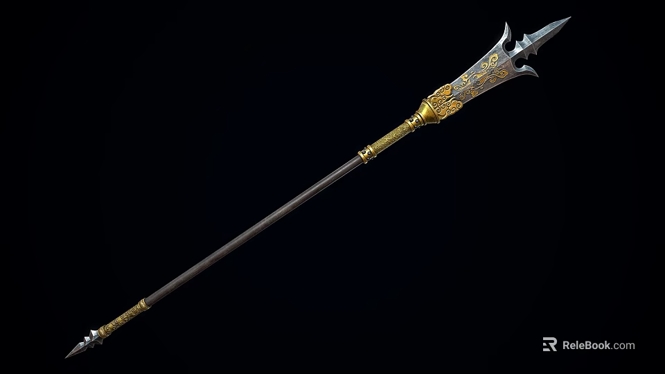 Decorative Ancient Spear With Golden Intricate Engravings And Metal Shaft Design 3d model 