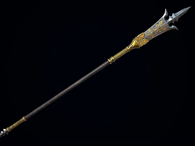 Decorative Ancient Spear With Golden Intricate Engravings And Metal Shaft Design 3d model