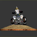 All Terrain Vehicle Model With Helmeted Rider On Circular Sand Platform Wooden Edge Gray Background