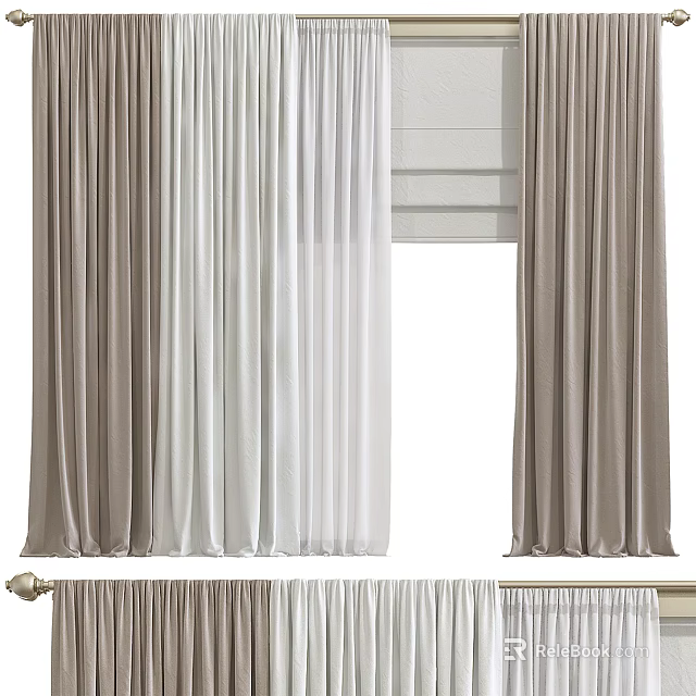 Elegant Layered Grey And White Curtains With Soft Flowing Velvet Drapery Design 3d model 