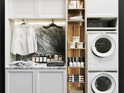 Modern Laundry Room With Stacked Washer Dryer Marble Countertop And Storage Cabinets 3d model