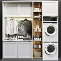 Modern Laundry Room With Stacked Washer Dryer Marble Countertop And Storage Cabinets