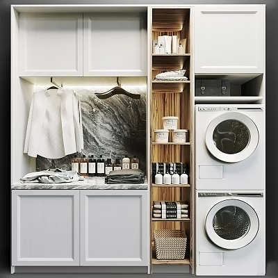 Modern Laundry Room With Stacked Washer Dryer Marble Countertop And Storage Cabinets 3d model