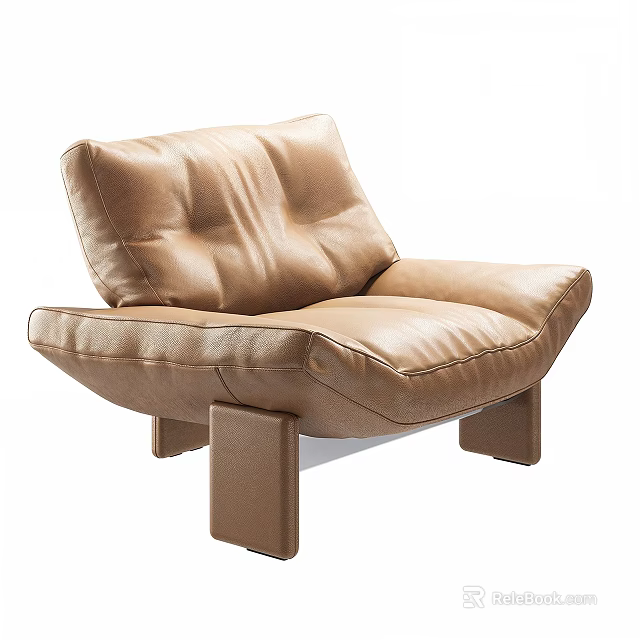 Modern Brown Leather Leisure Chair With Comfortable Backrest And Square Legs Design 3d model 