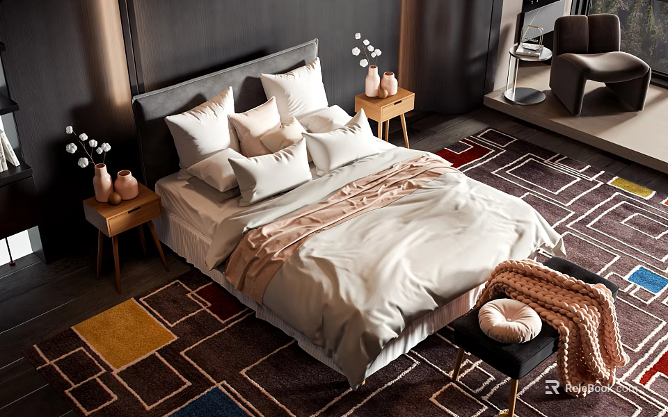 Double Bed with Soft Pillows and Bedside Tables on Patterned Rug in Modern Bedroom 3d model 