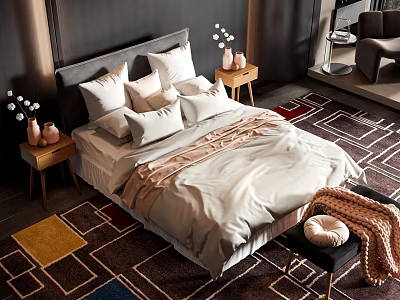 Double Bed with Soft Pillows and Bedside Tables on Patterned Rug in Modern Bedroom 3d model