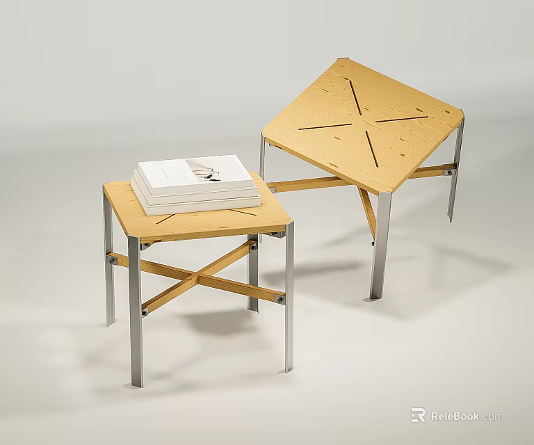 Wooden Stools With Cross Metal Legs And Stacked Books On Top 3d model 