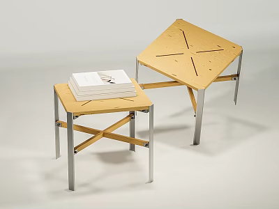 Wooden Stools With Cross Metal Legs And Stacked Books On Top 3d model