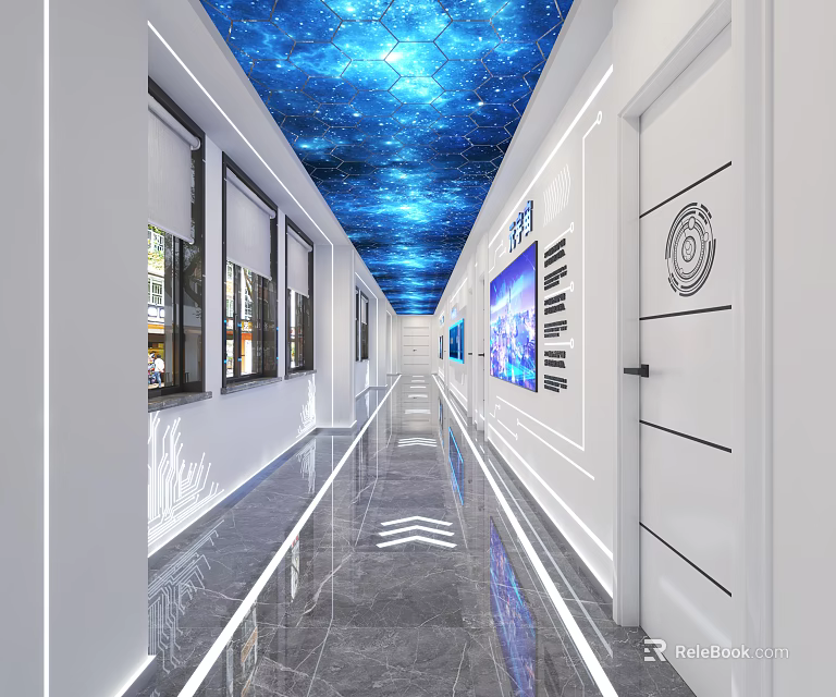 Modern Corridor With Starry Ceiling White Walls Reflective Floor And Display Screen 3d model 