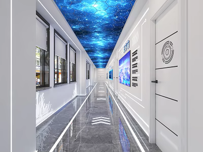 Modern Corridor With Starry Ceiling White Walls Reflective Floor And Display Screen 3d model