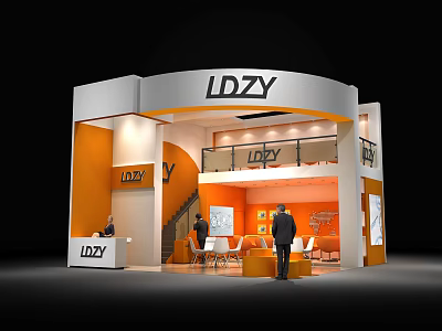 LDZY Exhibition Booth Modern Two Story Design With White Orange Interior Staircase And Chairs Tables 3d model