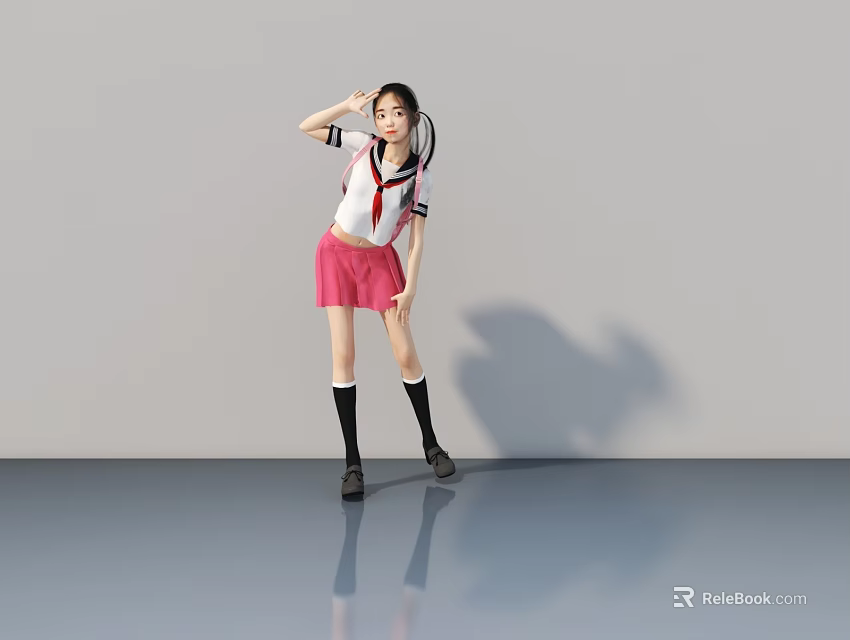 Woman In School Uniform Posing With White Top Red Necktie Pink Skirt Black Socks 3d model 