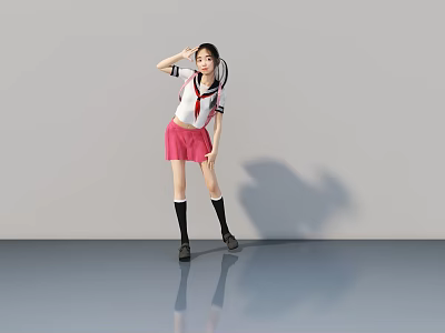 Woman In School Uniform Posing With White Top Red Necktie Pink Skirt Black Socks 3d model